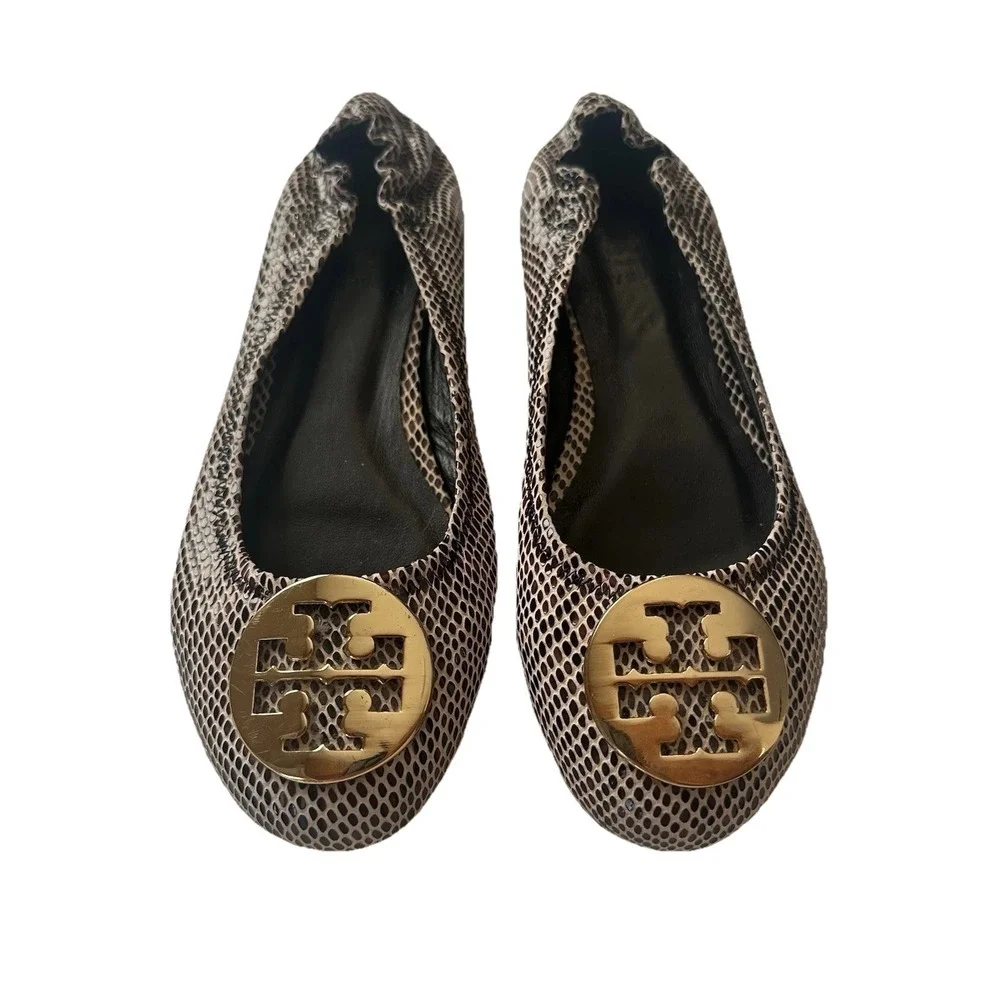 Tory Burch Ballet Flats Womens Gold Snake Print Leather Upper Shoes Size 7 M *R*